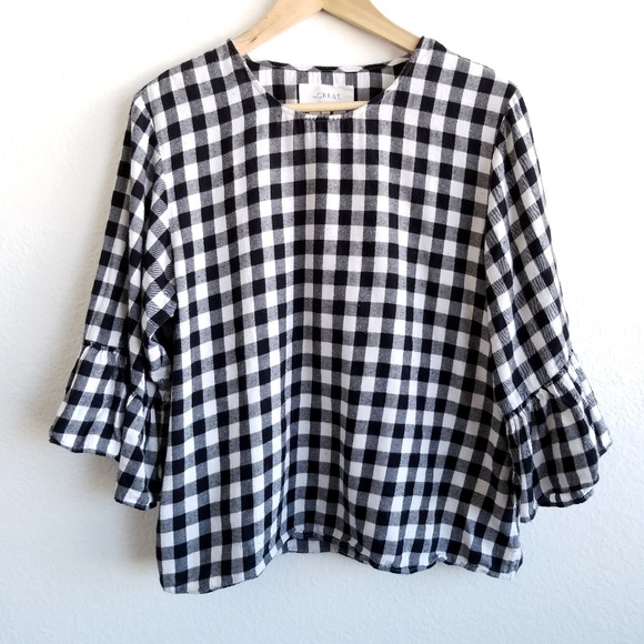 THE GREAT. Tops - The Great Gingham Flare Sleeve End Blouse Cotton